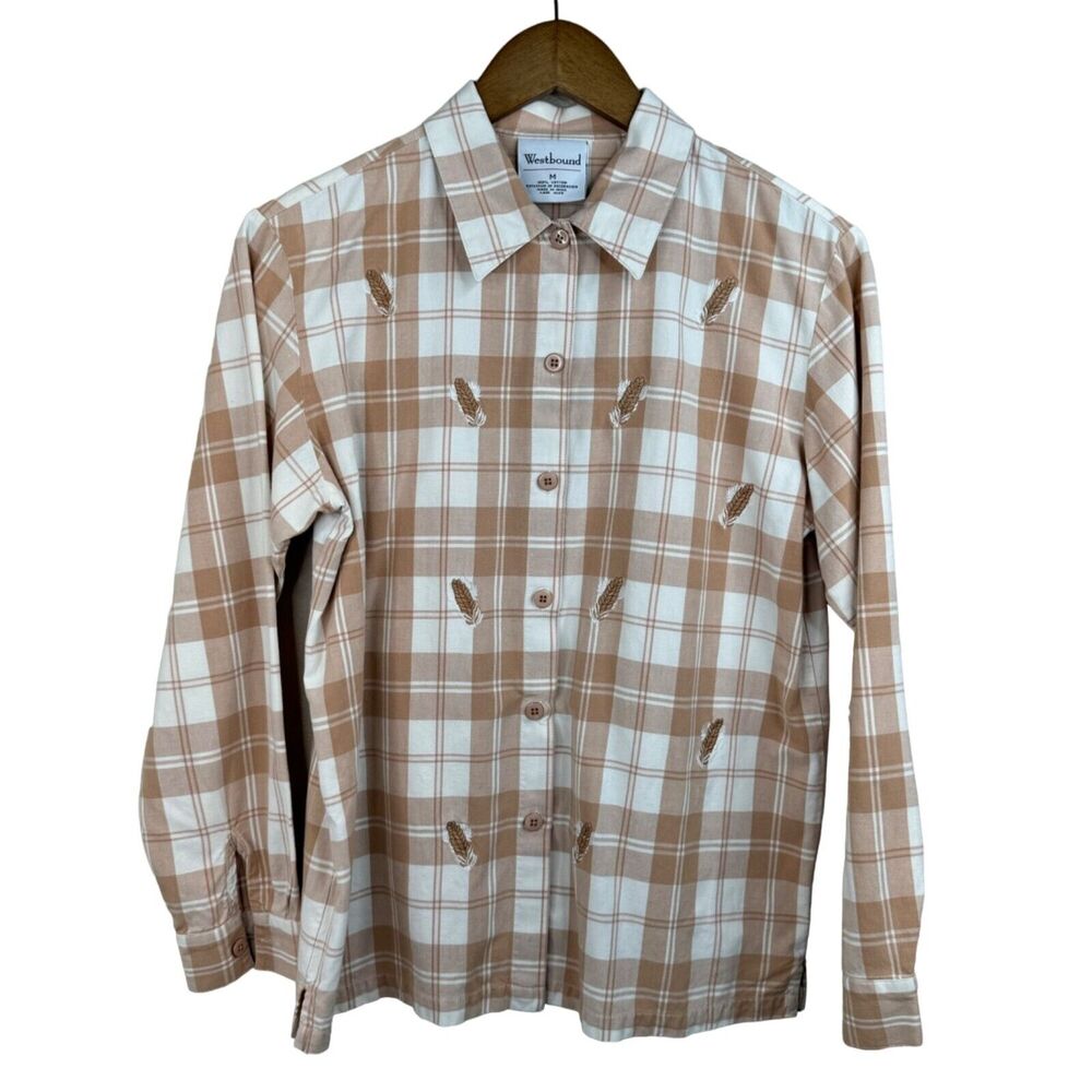 Westbound Beige Plaid Button Down Shirt Embroidered Wheat Design M Gorpcore VTG